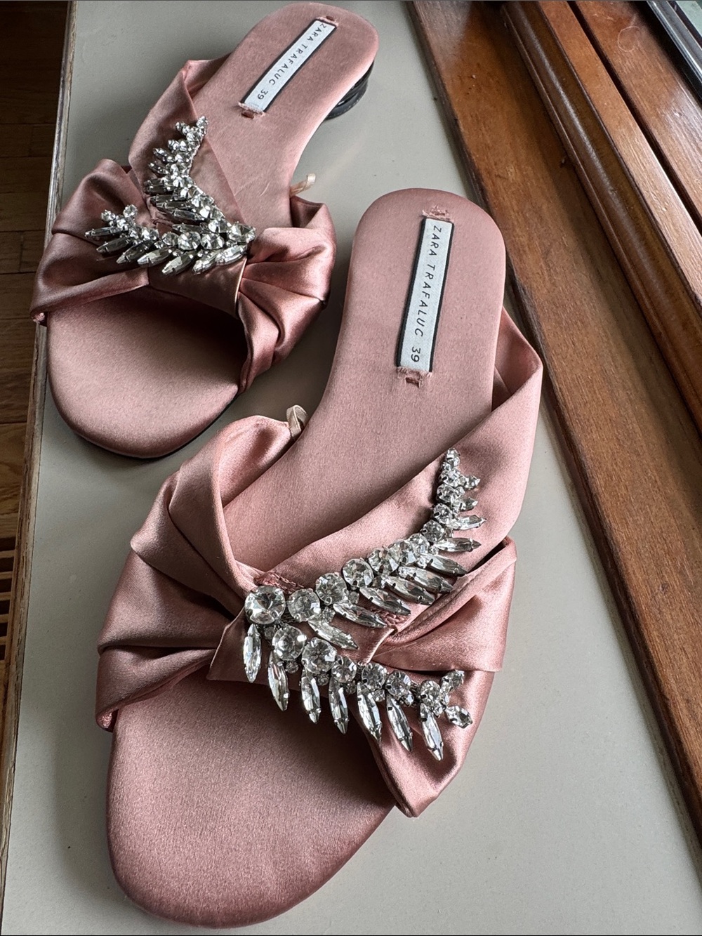 Zara Dusty Pink Satin Crystal-Knot Slide Sandals